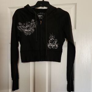 Black Cropped Hoodie with Tattoo Graphic Design